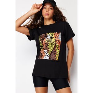 Trendyol Black Printed 100% Cotton Boyfriend/Wide Fit Knitted T-Shirt