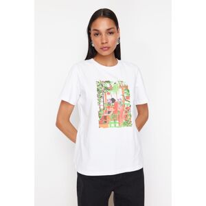 Trendyol White Printed and Stone Embroidered Regular/Normal Pattern Knitted T-Shirt