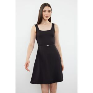 Trendyol Black Plain Accessory Detailed Skater Ribbed Stretchy Knitted Dress