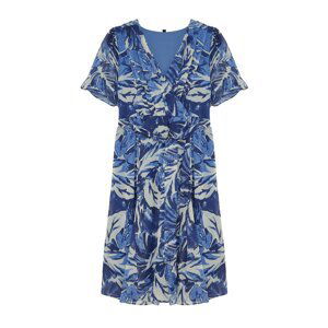 Trendyol Curve Blue Tropical Leaf Patterned Chiffon Double Breasted Woven Dress