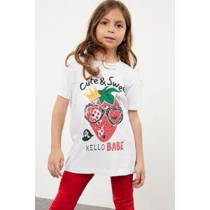 Trendyol White Girl's Short Sleeve Strawberry Patterned Crew Neck Knitted T-Shirt