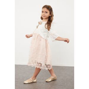 Trendyol Girl's Pink Bolero Floral Appliqued Stone Detailed Woven Set Dress