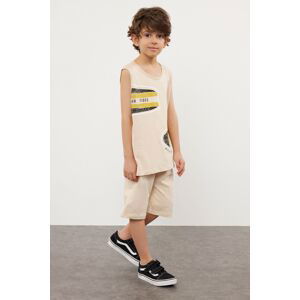 Trendyol Beige Boy's Patterned Sleeveless T-shirt Shorts Set Knitted Top-Bottom Set