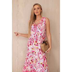 Viscose dress with a floral motif and a tied fuchsia neckline