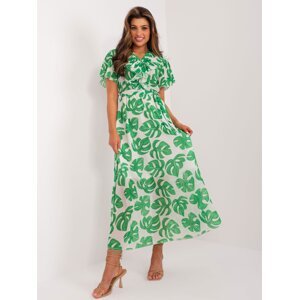 Ecru-Green Flared Dress with Belt