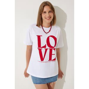 Happiness İstanbul Women's White Printed Oversize Cotton T-Shirt