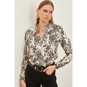 Olalook Women's Beige Black Patterned Woven Viscose Shirt