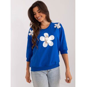 Cobalt blue women's blouse with 3/4 sleeves with flowers
