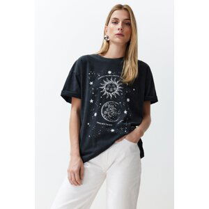 Trendyol Black Oversize/Wide Fit Galaxy Print Washed Knitted T-Shirt