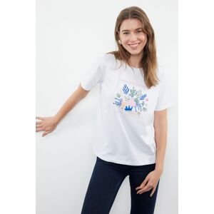 Trendyol White Printed and Stone Embroidered Regular/Normal Pattern Knitted T-Shirt