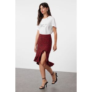 Trendyol Red Floral Ruffle Slit Flexible Midi Knitted Skirt