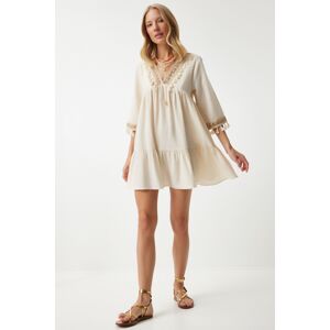 Happiness İstanbul Women's Cream V-Neck Tassel Detailed Mini Dress