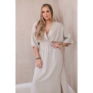 Women's muslin dress with embroidery at the waist - beige