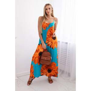 Viscose dress with straps with a floral motif of blue color