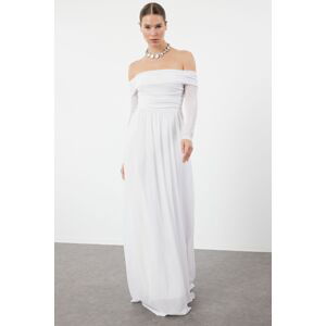 Trendyol White A-Cut Carmen Neckline Tulle Long Evening Evening Dress