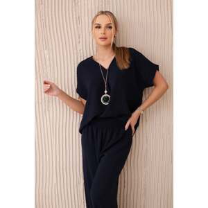 Women's set blouse with necklace + trousers - dark blue