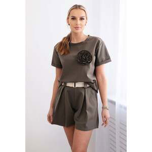 Women's set blouse with floral decoration + shorts - khaki