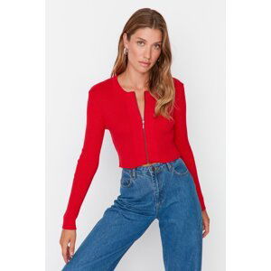 Trendyol Red Crop Zips 100% Bavlna Základný pletený kardigán