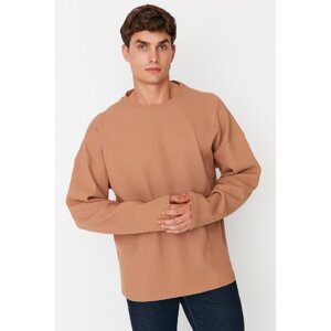 Trendyol Camel Oversize/Wide-Fit Crew Neck Stitch Detail Textured T-Shirt