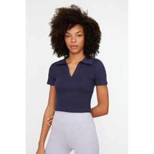 Trendyol Navy Blue Fitted/Skinned Crop Polo Neck Ribbed Stretch Knit Blouse