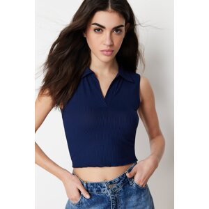 Trendyol Navy Blue Polo Neck Corded Knitted Blouse
