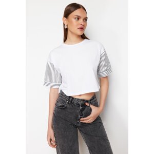 Trendyol White Striped Poplin Sleeve Detailed Slogan Printed Crop Knitted T-Shirt