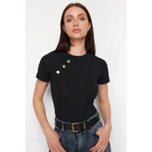 Trendyol Black Button Detailed Ribbed Fitted/Fitted Stretch Knitted Blouse