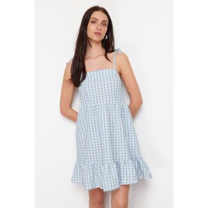 Trendyol Blue Checked Straight Cut Ruffle Mini Woven Dress