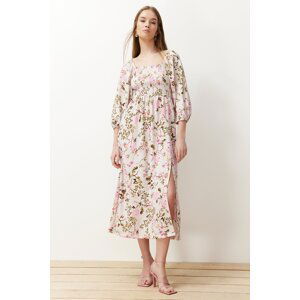 Trendyol Multi Color Floral Square Neck Balloon Sleeve Gathered Ribbed Flexible Knitted Maxi Dress