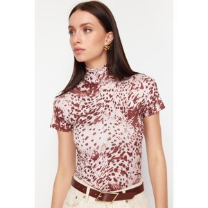 Trendyol Dark Brown Printed Zipper Collar Zipper Short Sleeve Flexible Snaps Knitted Body