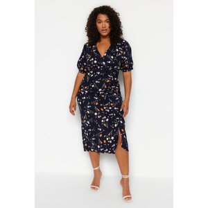 Trendyol Curve Navy Blue Floral Knitted Dress With Double Breasted Collar