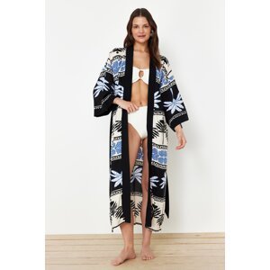 Trendyol Tropical Patterned Belted Maxi Woven Kimono & Kaftan