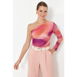 Trendyol Pink Abstract Patterned Single Sleeve Gathered/Draped Detail Regular/Real Knitted Blouse