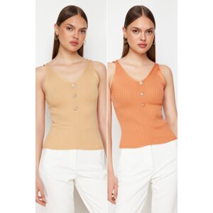 Trendyol Taba-Camel Double Pack V-Neck Top Knitwear Thin Blouse
