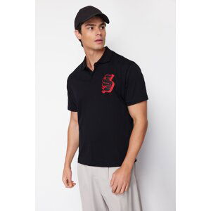 Trendyol Black Oversize/Wide Cut Letter Embroidered Polo Neck T-shirt