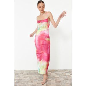 Trendyol Limited Edition Pink Printed Fitted Midi Strap Stretchy Knitted Pencil Dress