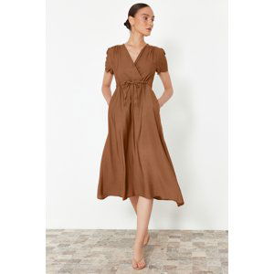 Trendyol Brown V-neck Midi Woven Dress with Opened Waist