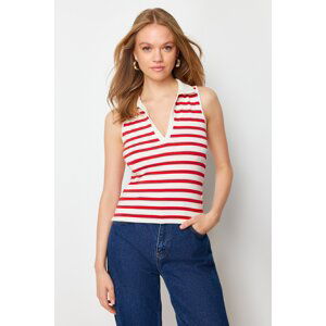 Trendyol Red Striped Fitted Polo Neck Stretchy Knitted Blouse