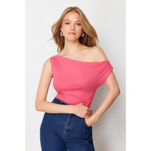 Trendyol Pink Boat Neck Fitted Viscose/Soft Fabric Stretchy Knitted Blouse