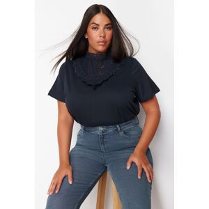 Trendyol Curve Navy Blue Embroidered High Collar Basic Pattern Cotton Knitted Blouse