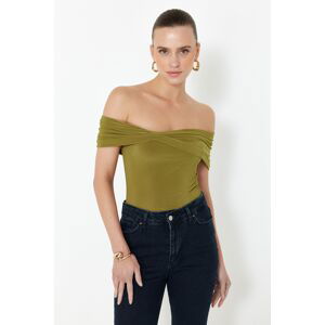 Trendyol Fat Green Carmen Collar Fitted Stretchy Crop Knitted Blouse