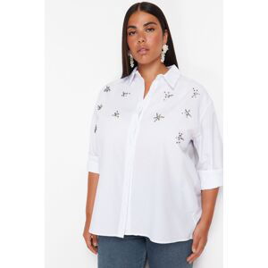 Trendyol Curve White Large Size Stone Embroidered Poplin Woven Shirt