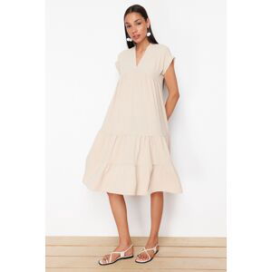 Trendyol Stone Wide Cut V-Neck Skirt Asymmetric Flounce Aerobin Woven Dress