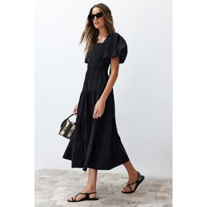 Trendyol Black Waist Opening Gipe and Back Detailed Square Collar Midi Woven Dress