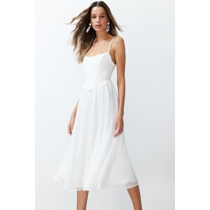 Trendyol White A-Line Lined Corset Detailed Tulle Elegant Evening Dress