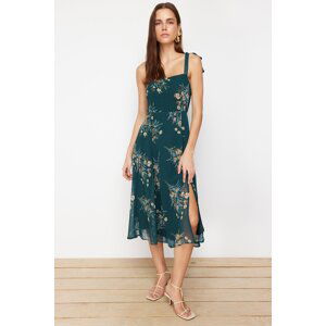 Trendyol Green Floral A-Line Slit Gimped Back Detail Chiffon Lined Midi Woven Dress
