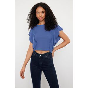 Trendyol Indigo Sleeves Ruffle Detailed Crew Neck Stretchy Knitted Blouse