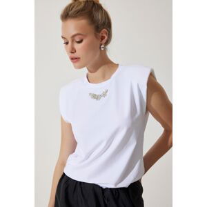 Happiness İstanbul Women's White Collar Shiny Jewelled Padded Cotton Knitted T-Shirt
