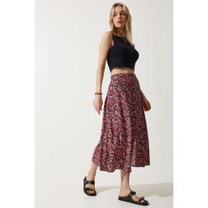 Happiness İstanbul Women's Red Black Floral Slit Summer Viscose Skirt