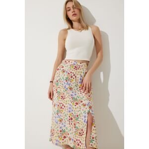 Happiness İstanbul Women's Cream Tile Floral Slit Summer Viscose Skirt